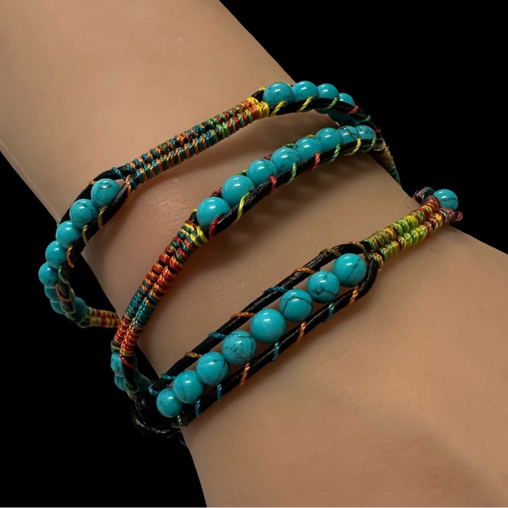 Wrap Bracelet Blue Black Beaded Boho Style Adjustable Length